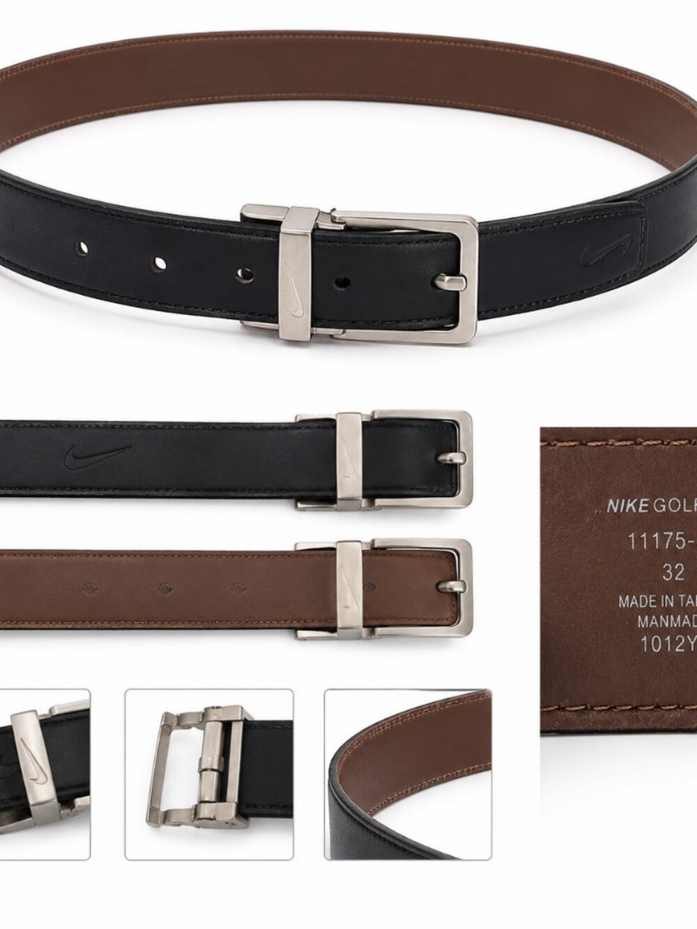 Nike Golf Reversible Belt Black Brown Size 32 Rotating Buckle Manmade Made in Ta